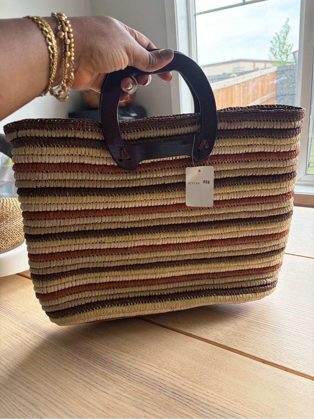 Magid Striped Woven Tote with Dark Wood Handles - Natural, Brown, Tan
